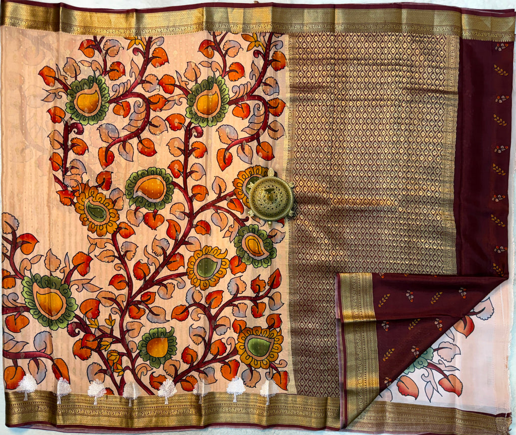 Pure Mysore Silk SareePure Mysore Silk Saree | Kalamkari Brocade, Silver Tree Border | Silk Mark Certified, Festive Wear