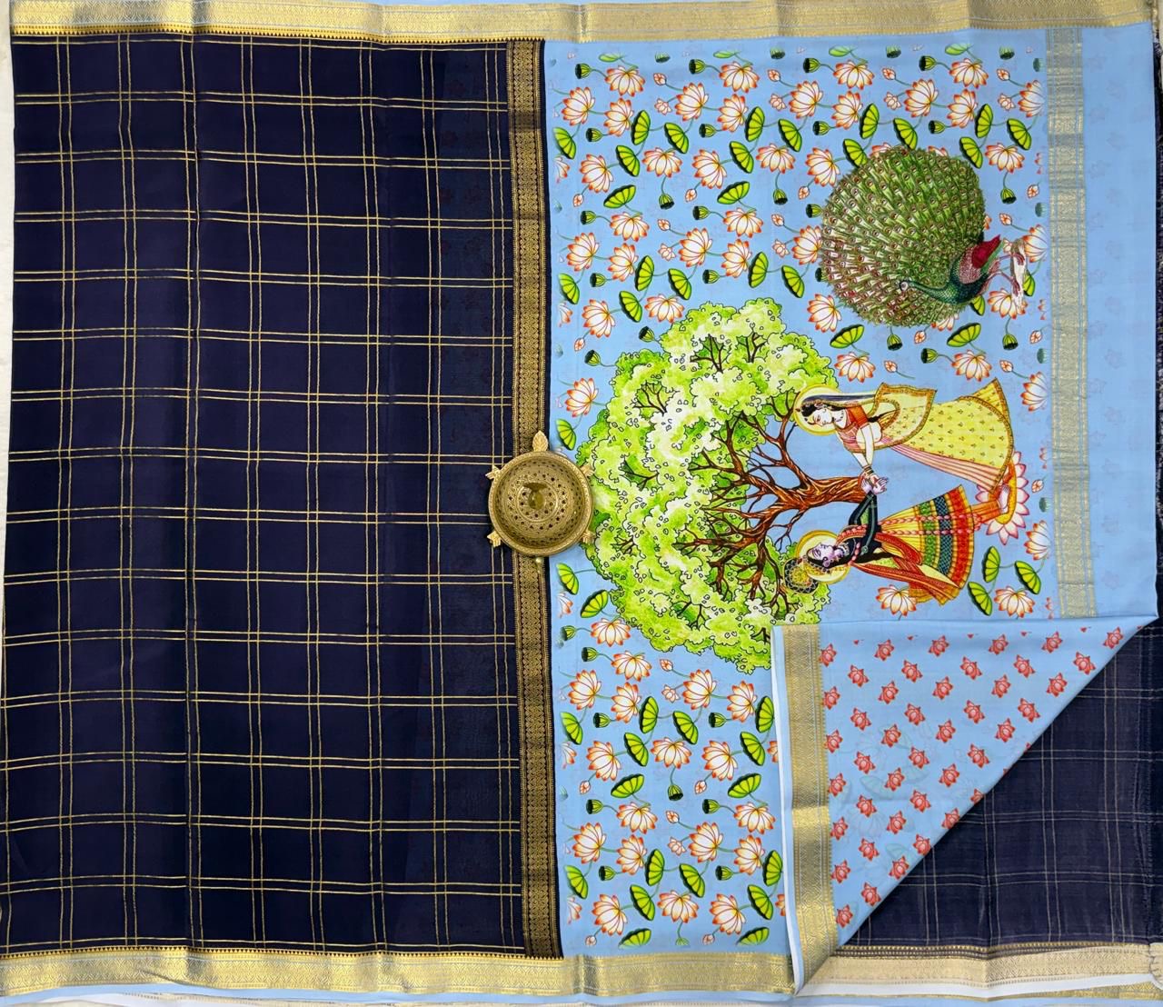 Pure Mysore Silk Handloom Saree with Kalamkari Print Pallu.