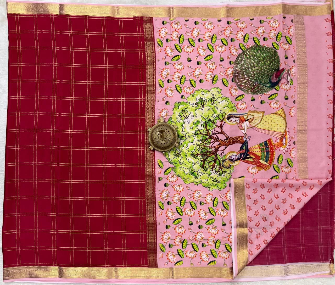 Pure Mysore Silk Handloom Saree with Kalamkari Print Pallu.