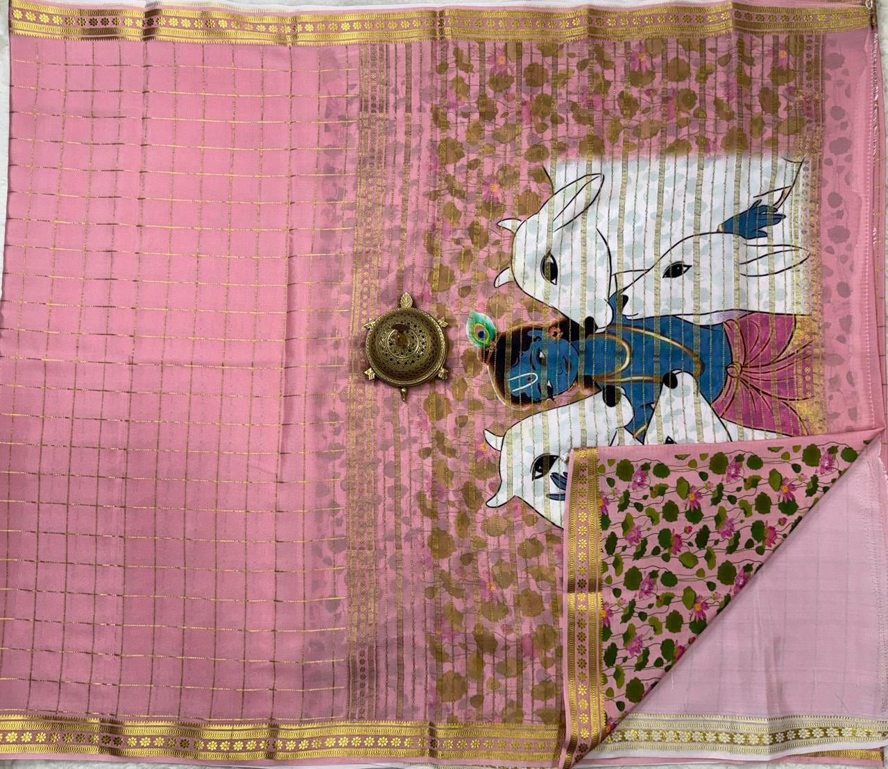 Pure Mysore Silk Handloom Saree with Kalamkari Print Pallu.