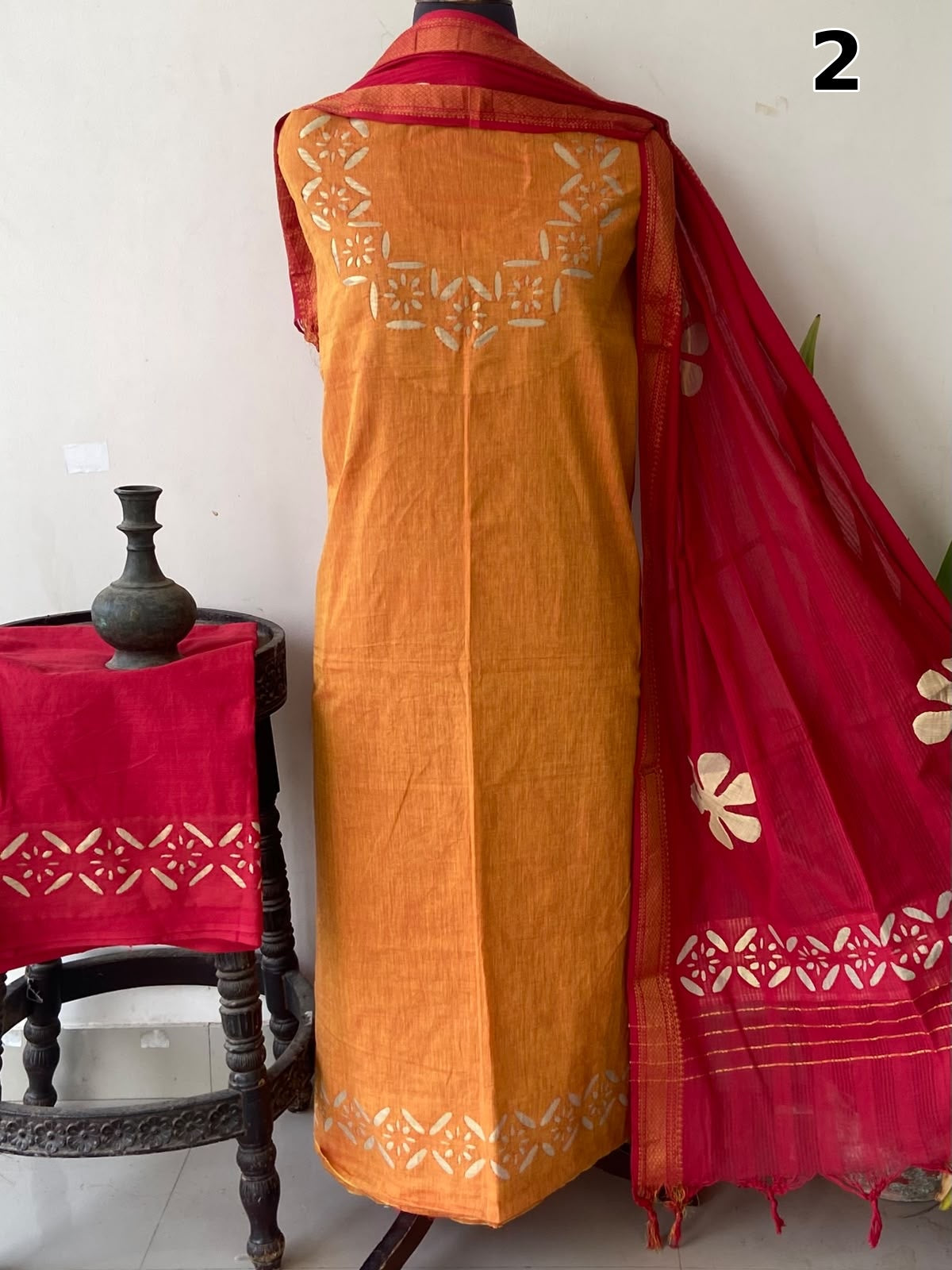 Exclusive Mangalgiri Cotton Dress Material with Tissue Appliqué & Dupatta