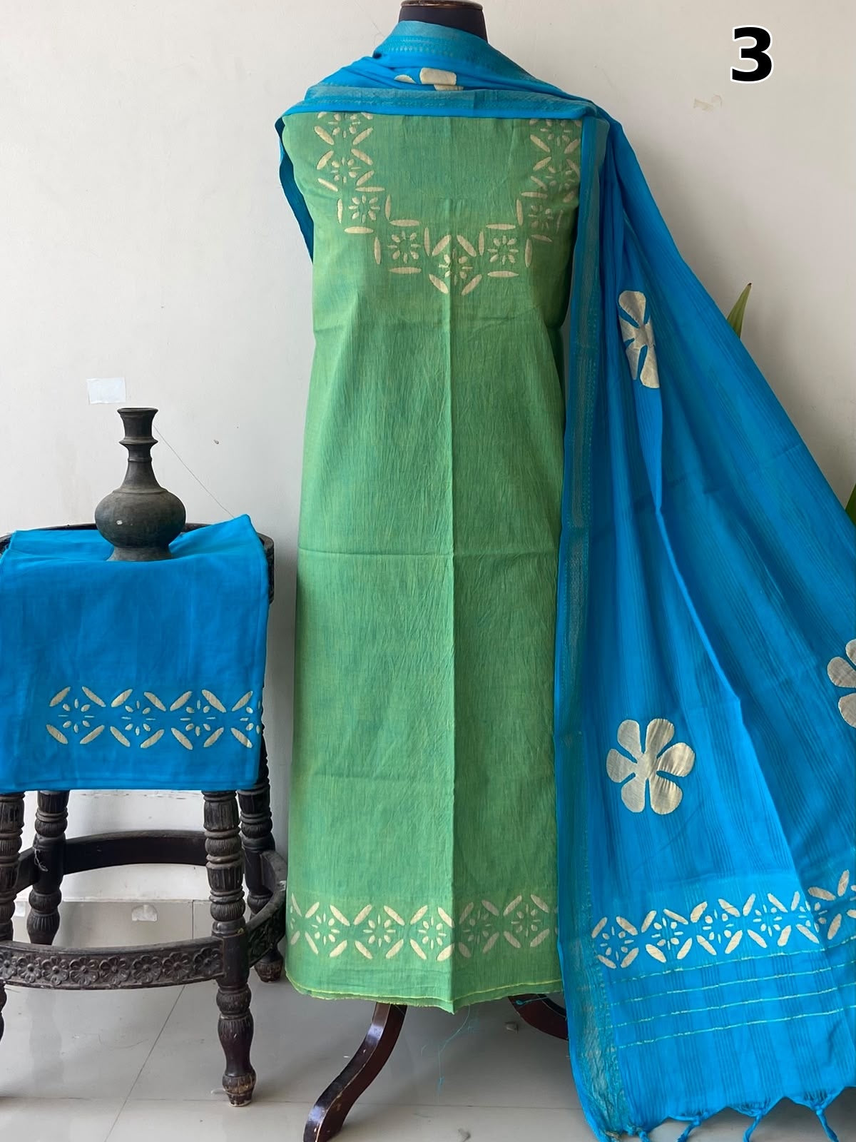 Exclusive Mangalgiri Cotton Dress Material with Tissue Appliqué & Dupatta