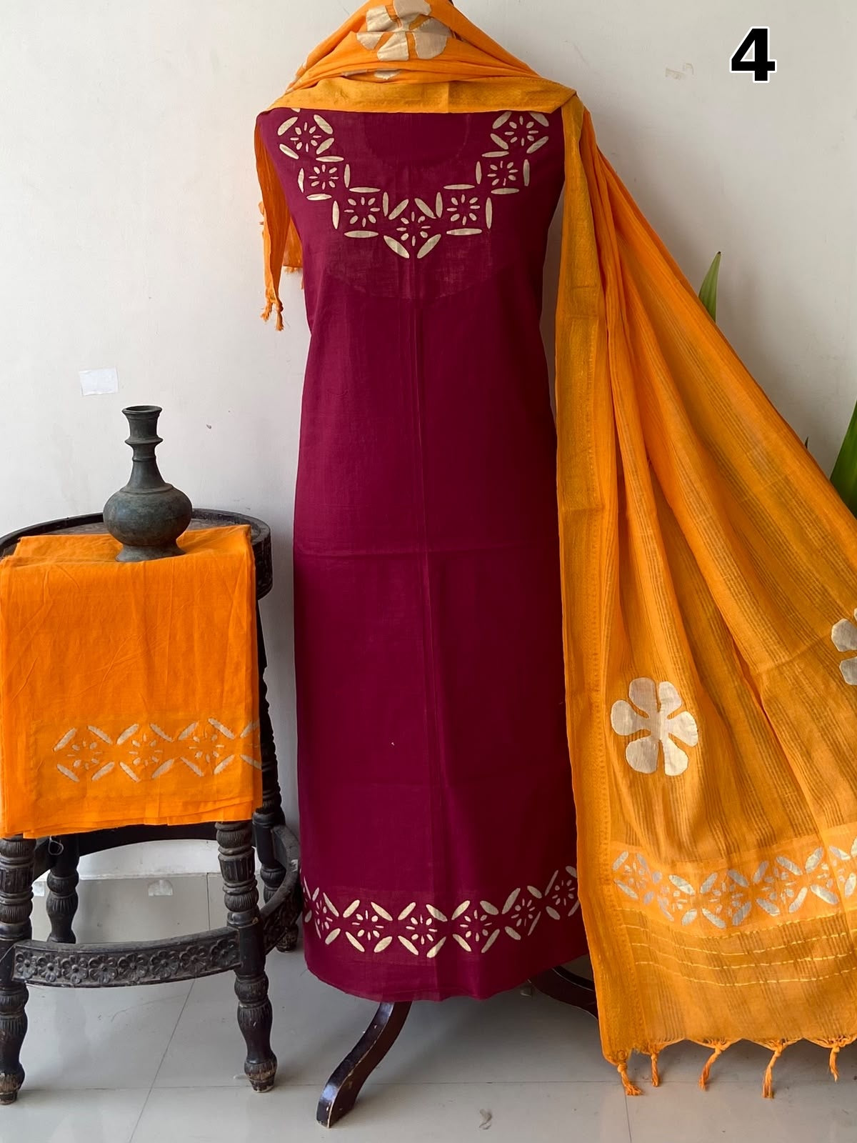 Exclusive Mangalgiri Cotton Dress Material with Tissue Appliqué & Dupatta