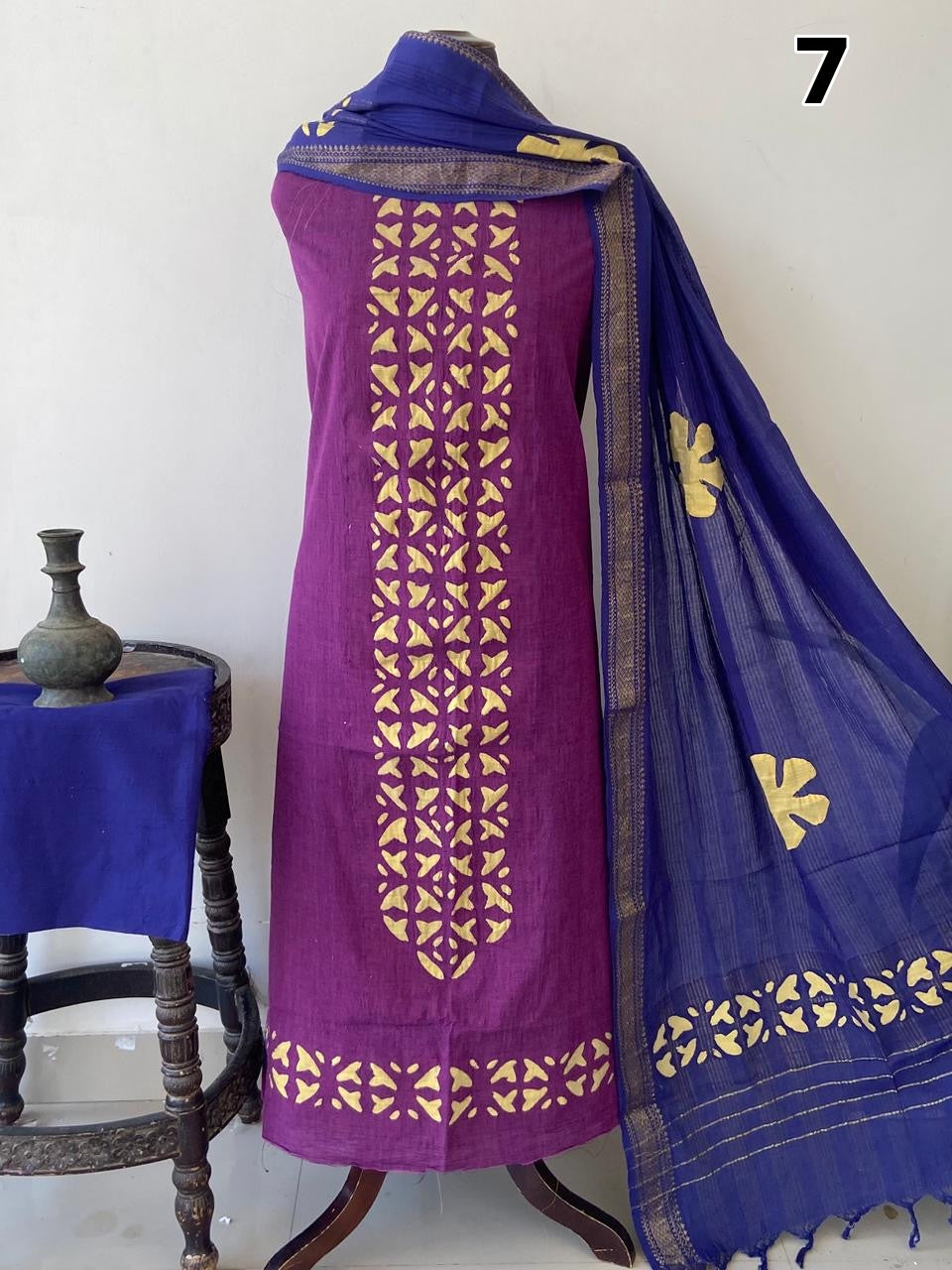 Exclusive Mangalgiri Cotton Dress Material with Tissue Appliqué & Dupatta