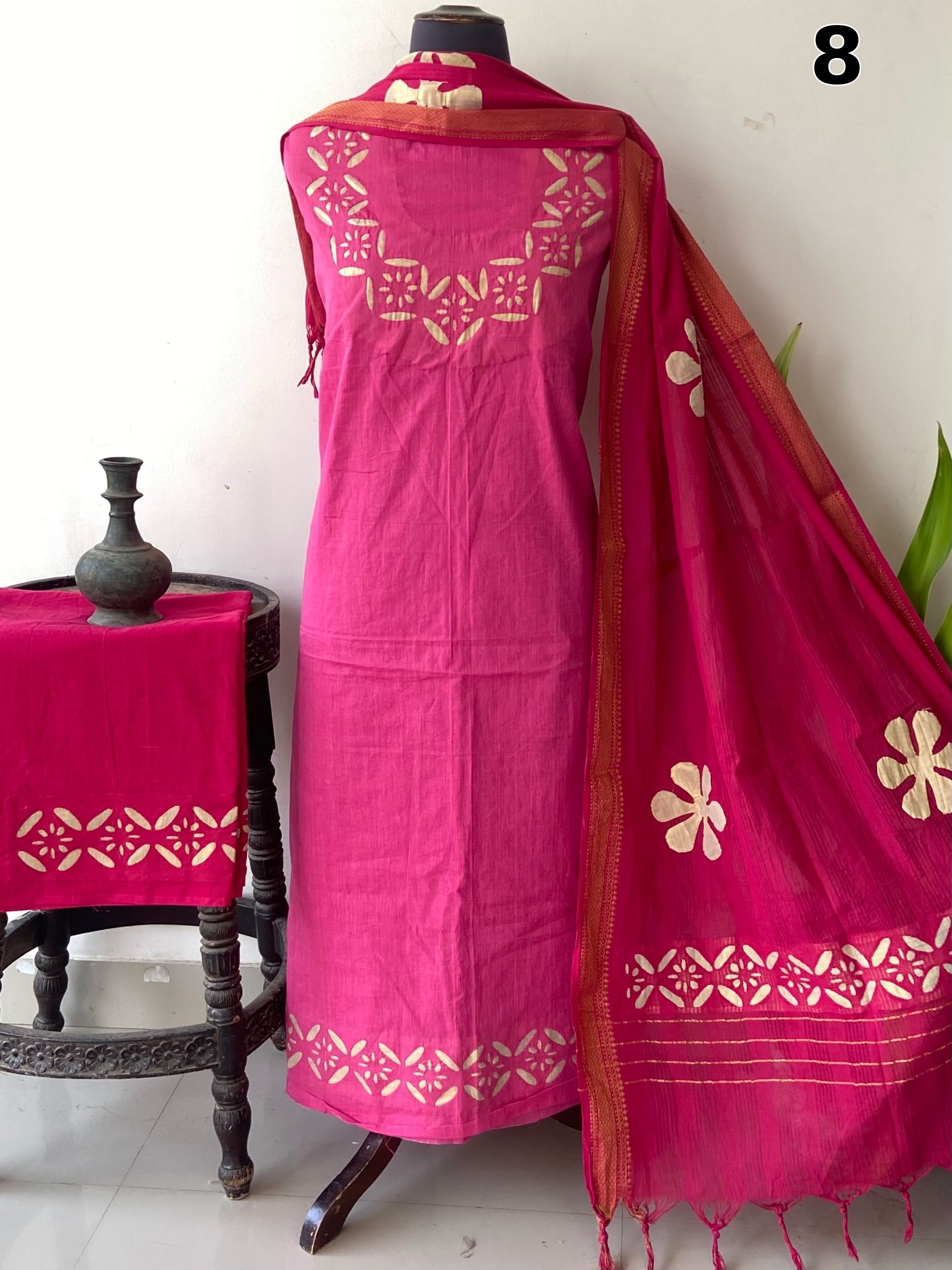 Exclusive Mangalgiri Cotton Dress Material with Tissue Appliqué & Dupatta