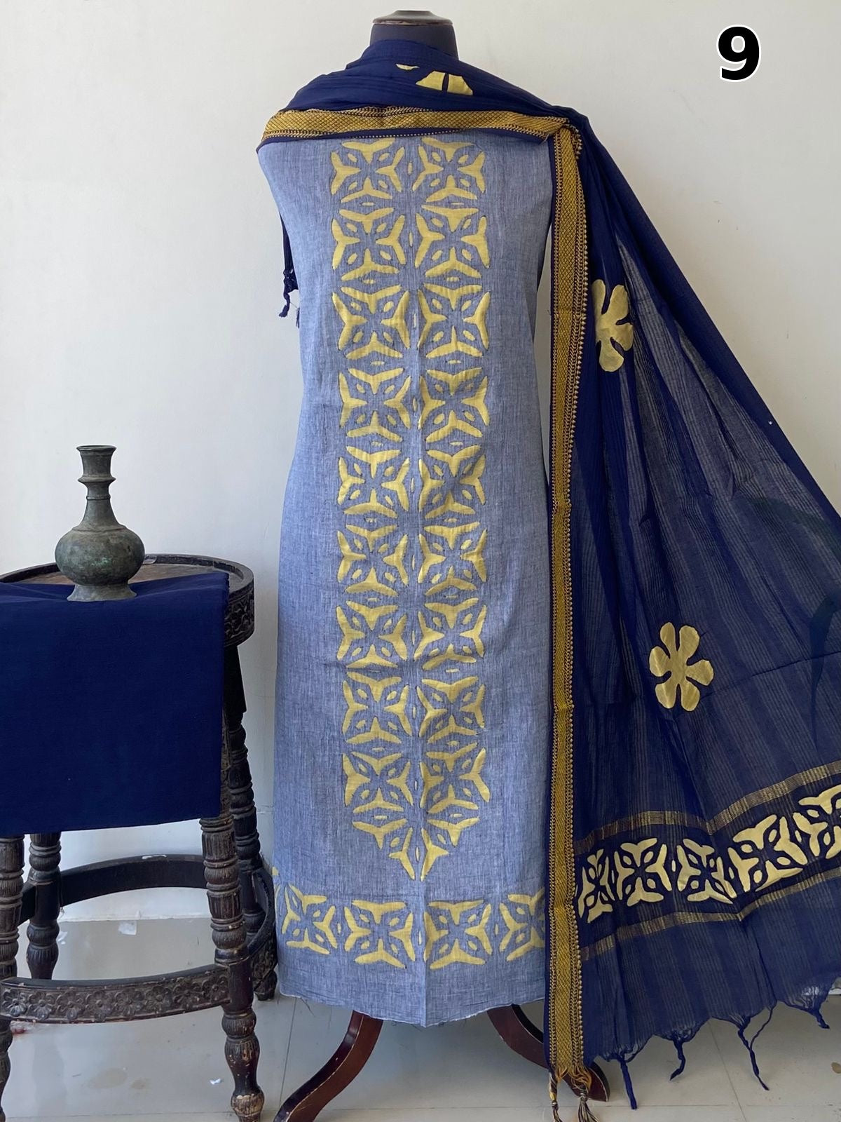 Exclusive Mangalgiri Cotton Dress Material with Tissue Appliqué & Dupatta