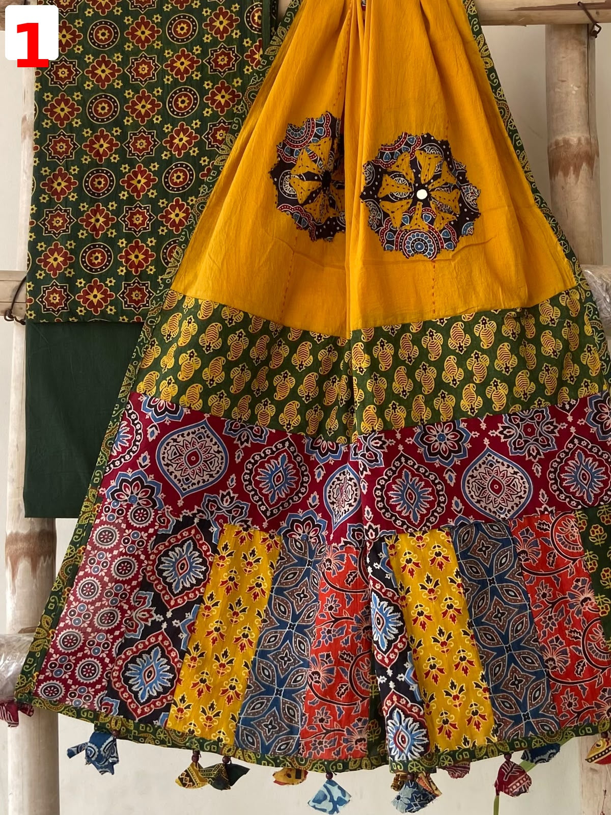 Exclusive Patchwork Ajrakh Cotton Suit Set with Hand Appliqué Mirror Work Dupatta