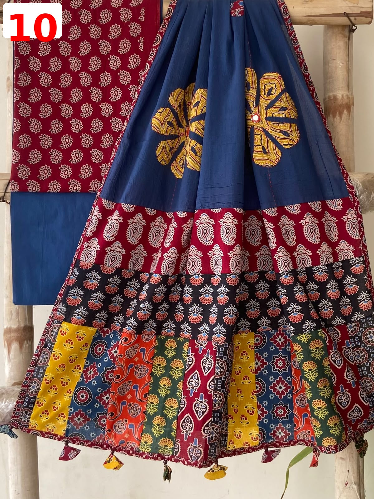Exclusive Patchwork Ajrakh Cotton Suit Set with Hand Appliqué Mirror Work Dupatta