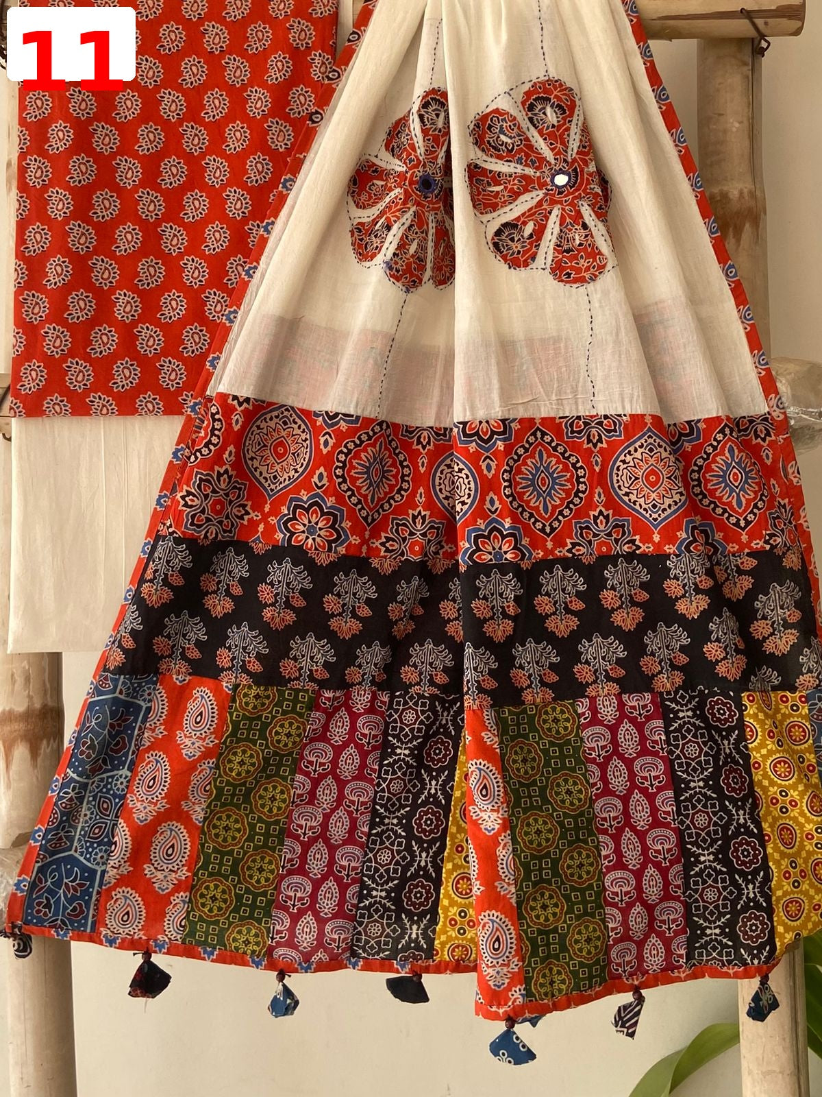 Exclusive Patchwork Ajrakh Cotton Suit Set with Hand Appliqué Mirror Work Dupatta