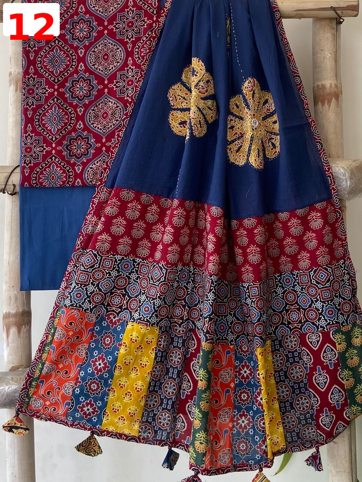 Exclusive Patchwork Ajrakh Cotton Suit Set with Hand Appliqué Mirror Work Dupatta