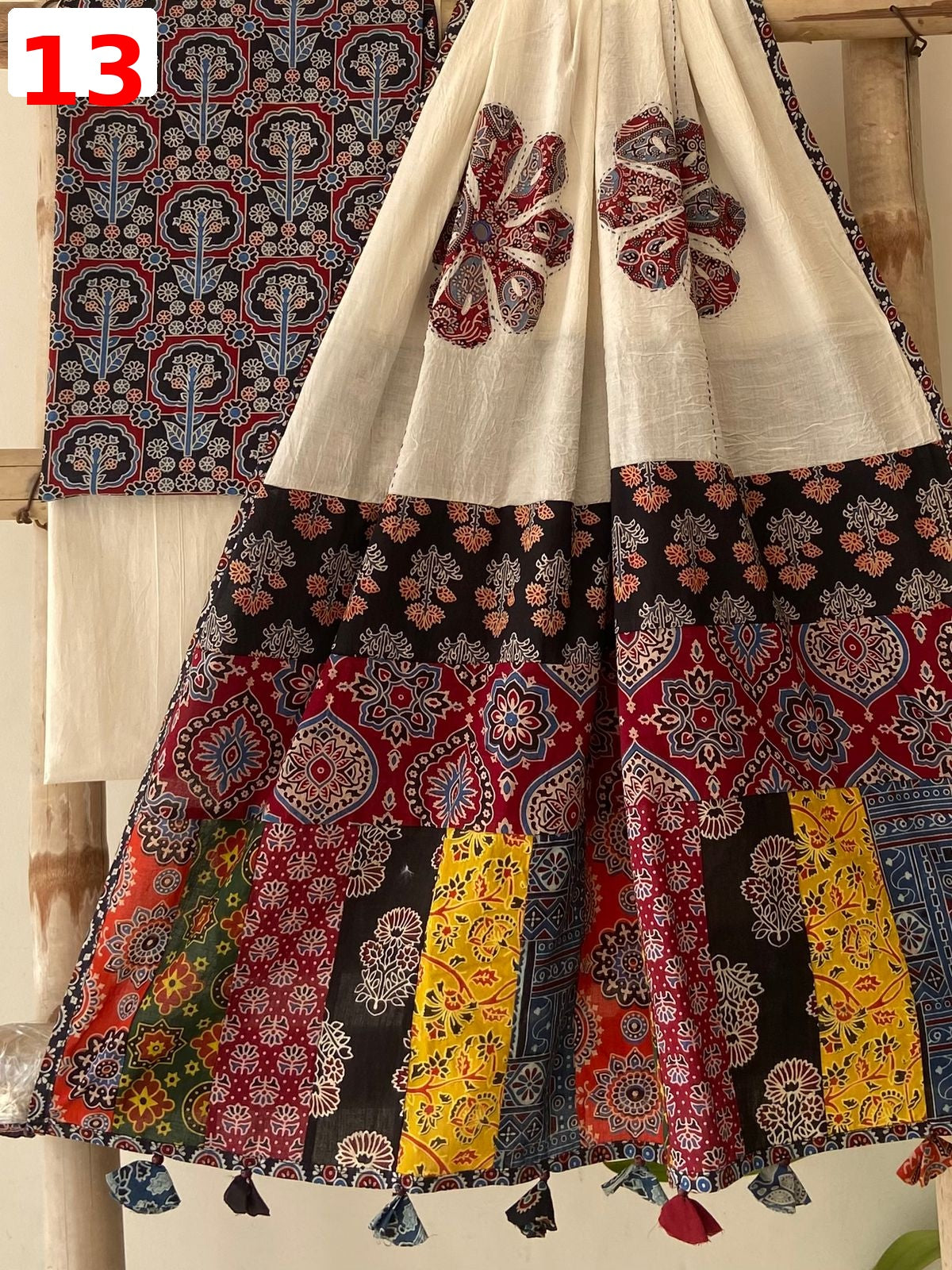 Exclusive Patchwork Ajrakh Cotton Suit Set with Hand Appliqué Mirror Work Dupatta