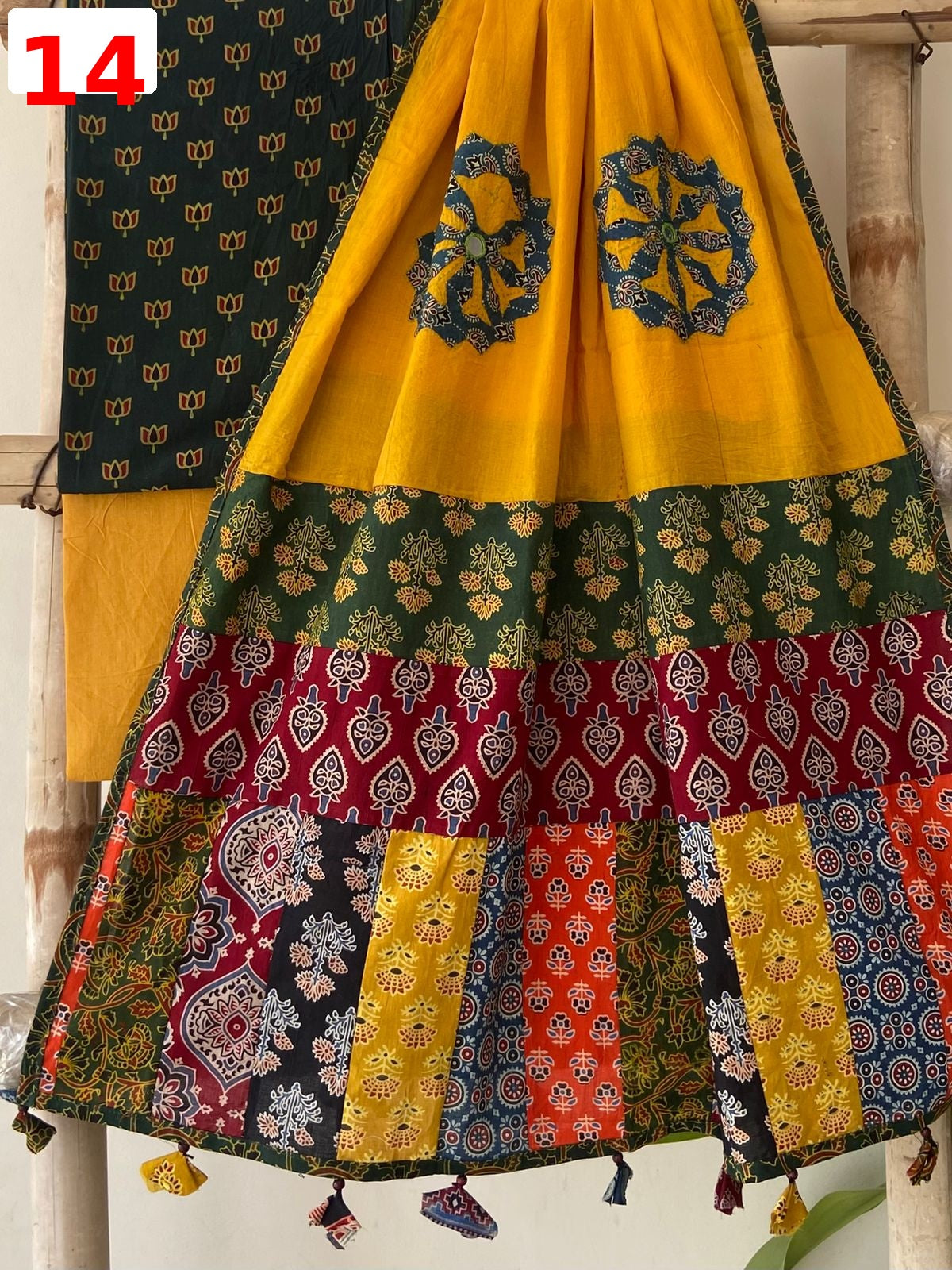 Exclusive Patchwork Ajrakh Cotton Suit Set with Hand Appliqué Mirror Work Dupatta