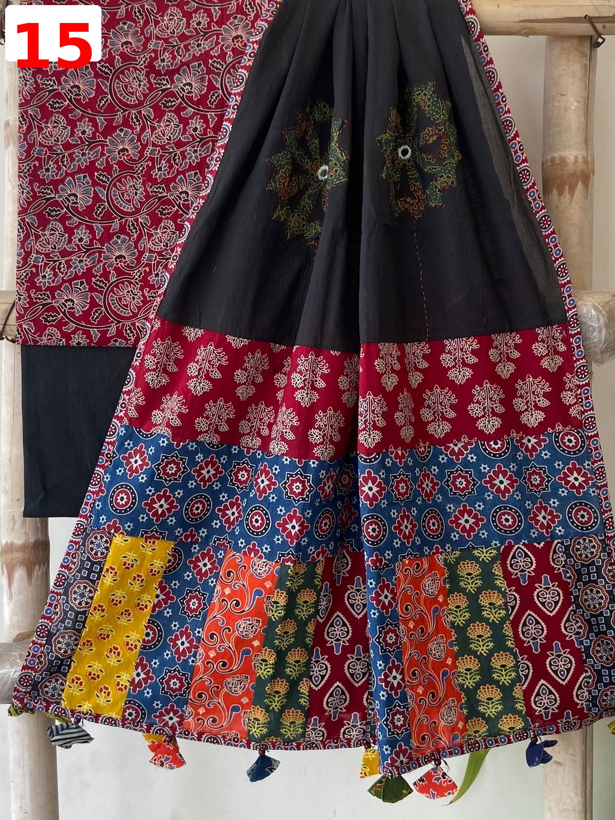 Exclusive Patchwork Ajrakh Cotton Suit Set with Hand Appliqué Mirror Work Dupatta