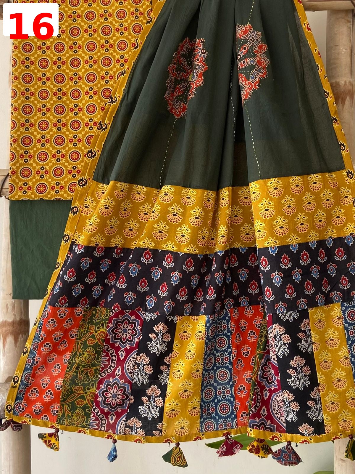 Exclusive Patchwork Ajrakh Cotton Suit Set with Hand Appliqué Mirror Work Dupatta