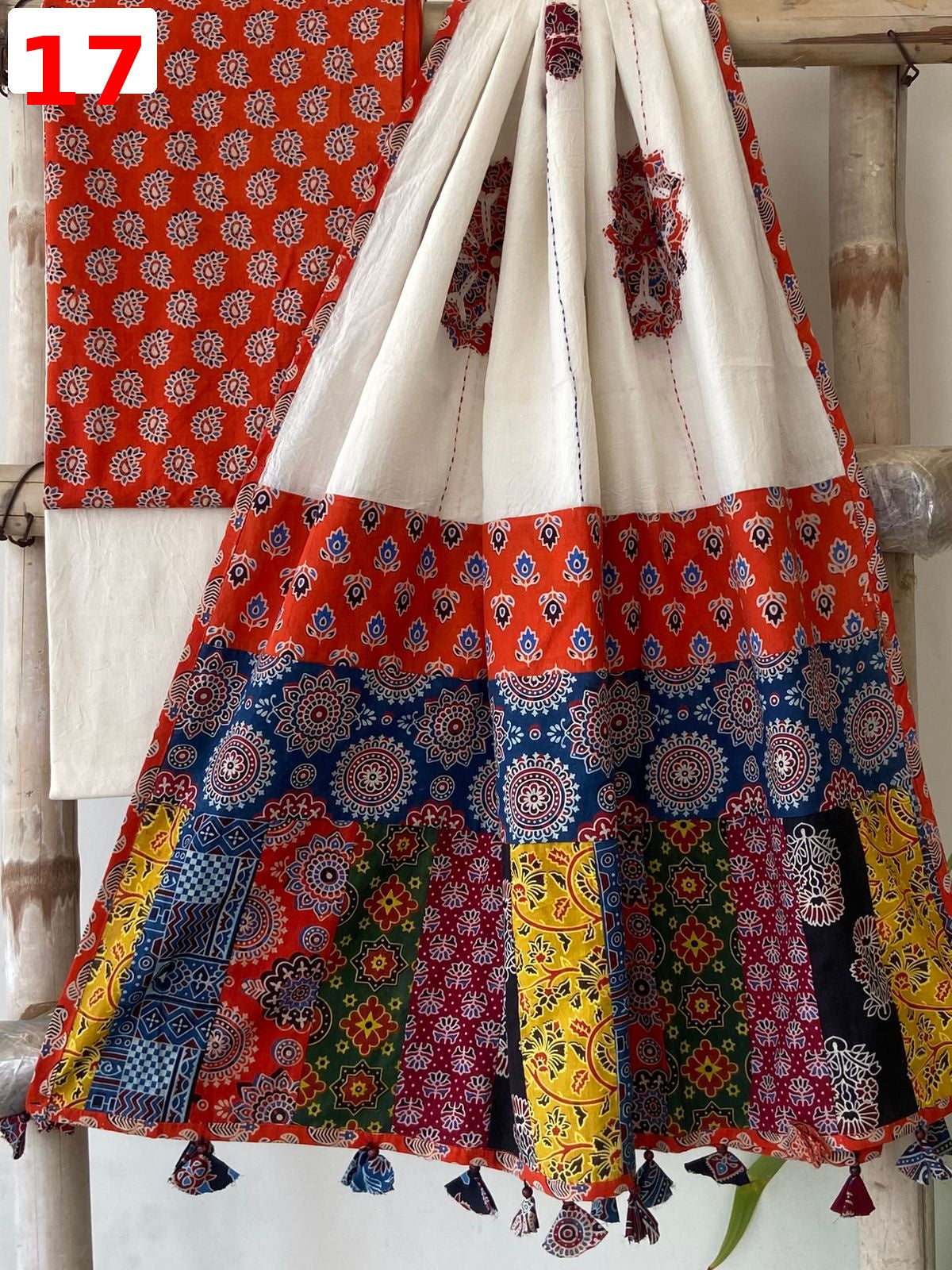 Exclusive Patchwork Ajrakh Cotton Suit Set with Hand Appliqué Mirror Work Dupatta