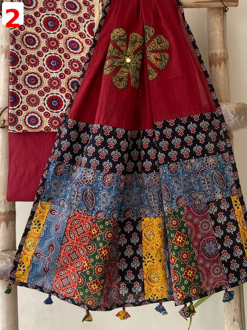 Exclusive Patchwork Ajrakh Cotton Suit Set with Hand Appliqué Mirror Work Dupatta