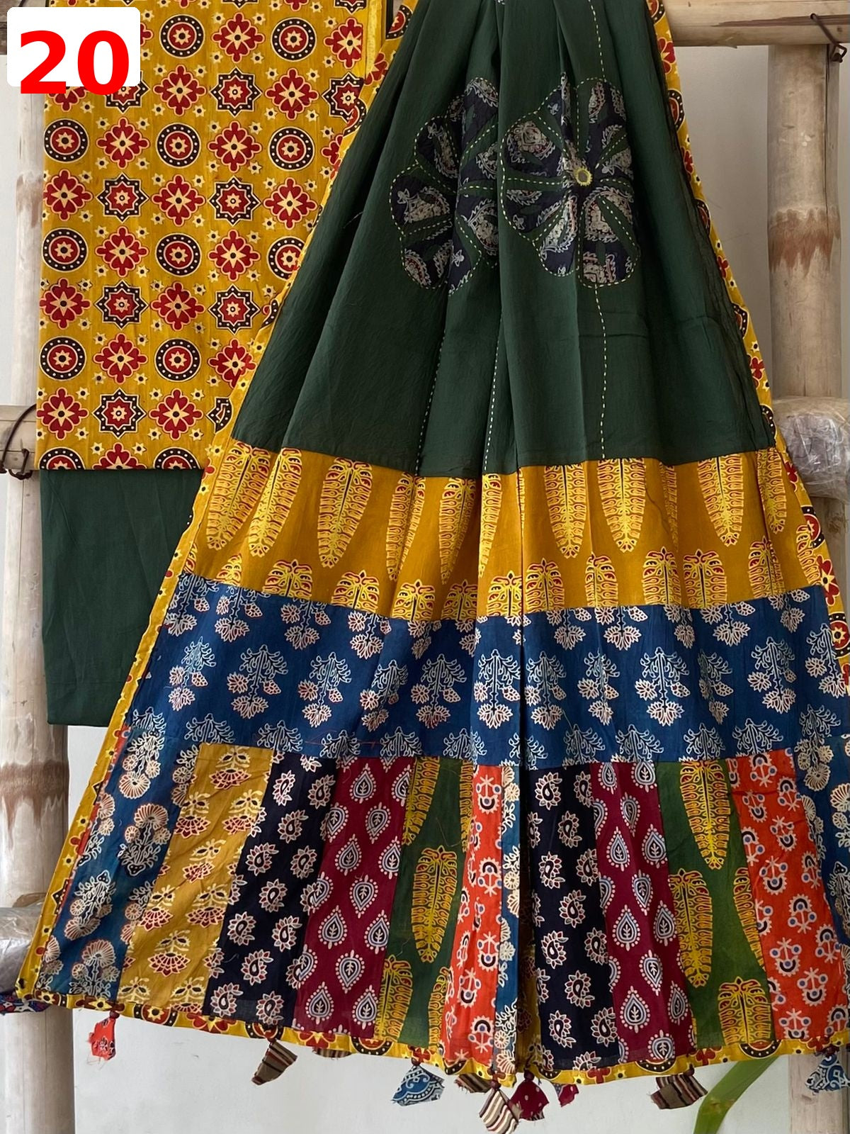 Exclusive Patchwork Ajrakh Cotton Suit Set with Hand Appliqué Mirror Work Dupatta