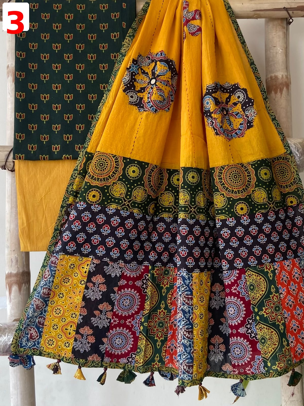 Exclusive Patchwork Ajrakh Cotton Suit Set with Hand Appliqué Mirror Work Dupatta