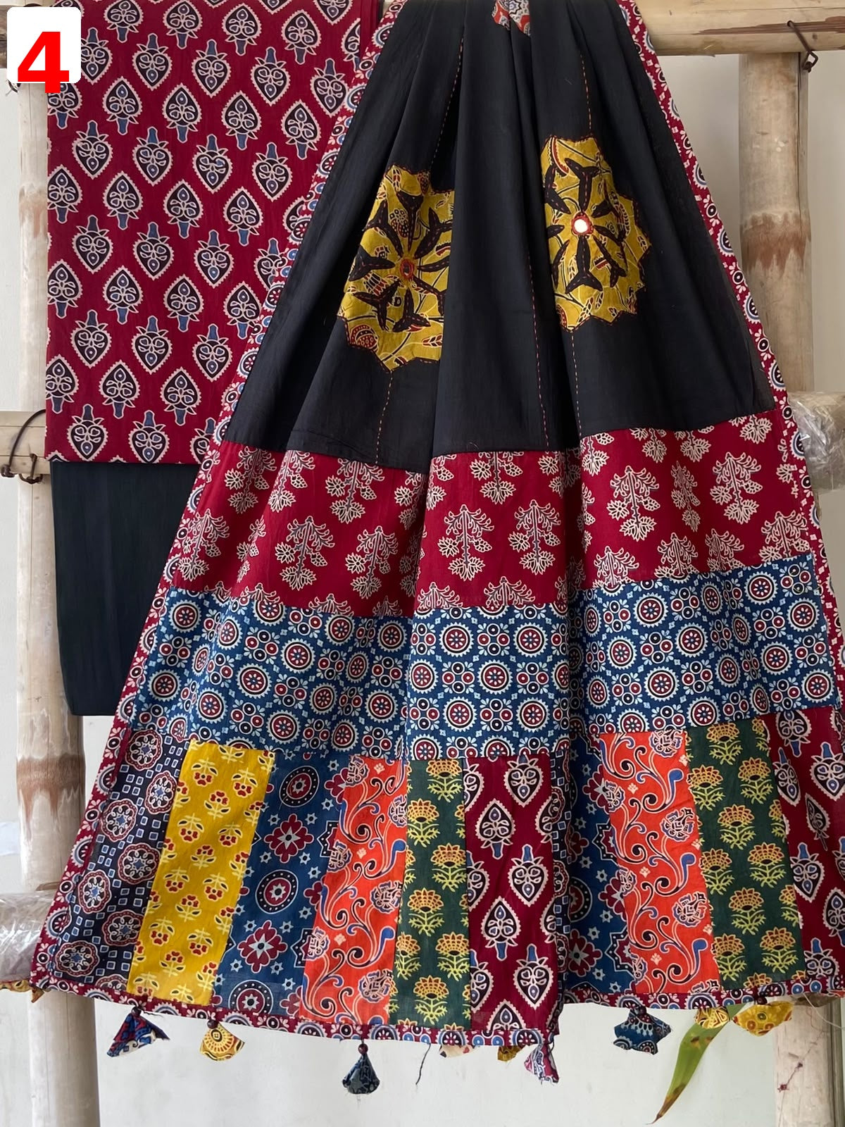 Exclusive Patchwork Ajrakh Cotton Suit Set with Hand Appliqué Mirror Work Dupatta