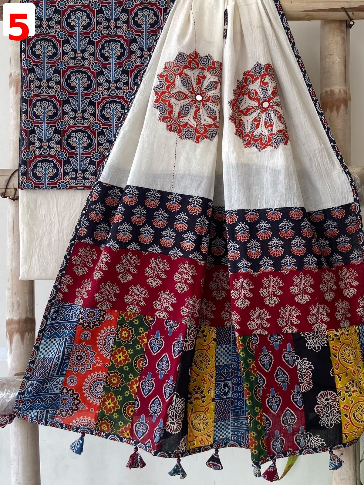Exclusive Patchwork Ajrakh Cotton Suit Set with Hand Appliqué Mirror Work Dupatta