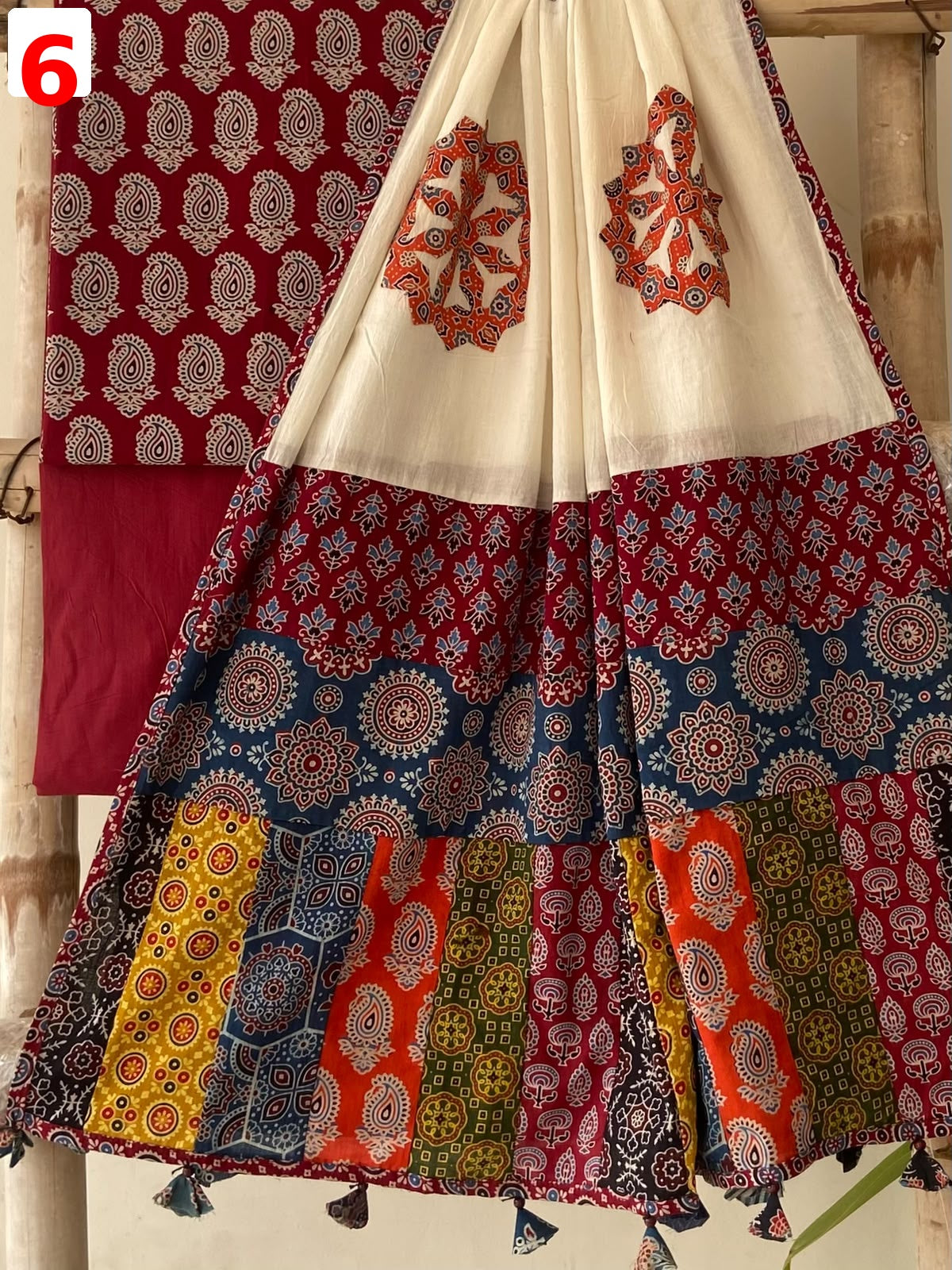 Exclusive Patchwork Ajrakh Cotton Suit Set with Hand Appliqué Mirror Work Dupatta