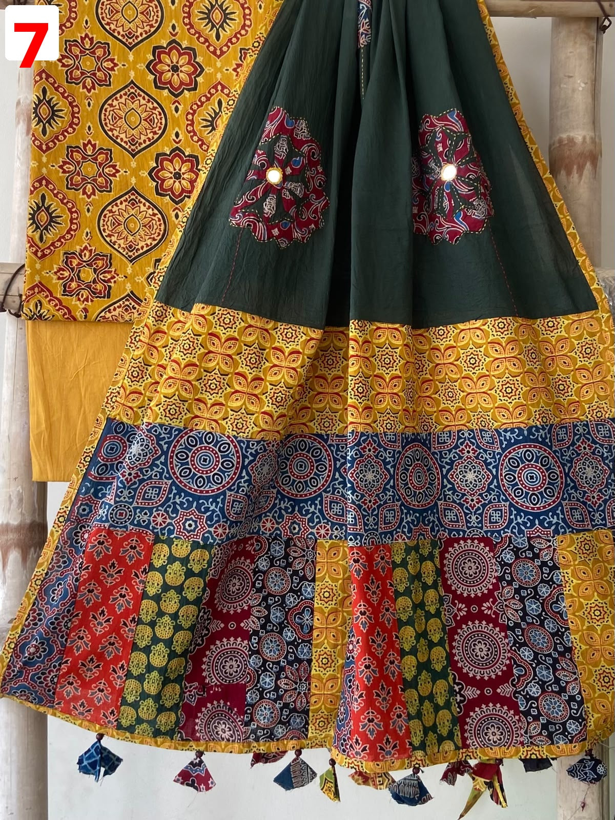 Exclusive Patchwork Ajrakh Cotton Suit Set with Hand Appliqué Mirror Work Dupatta