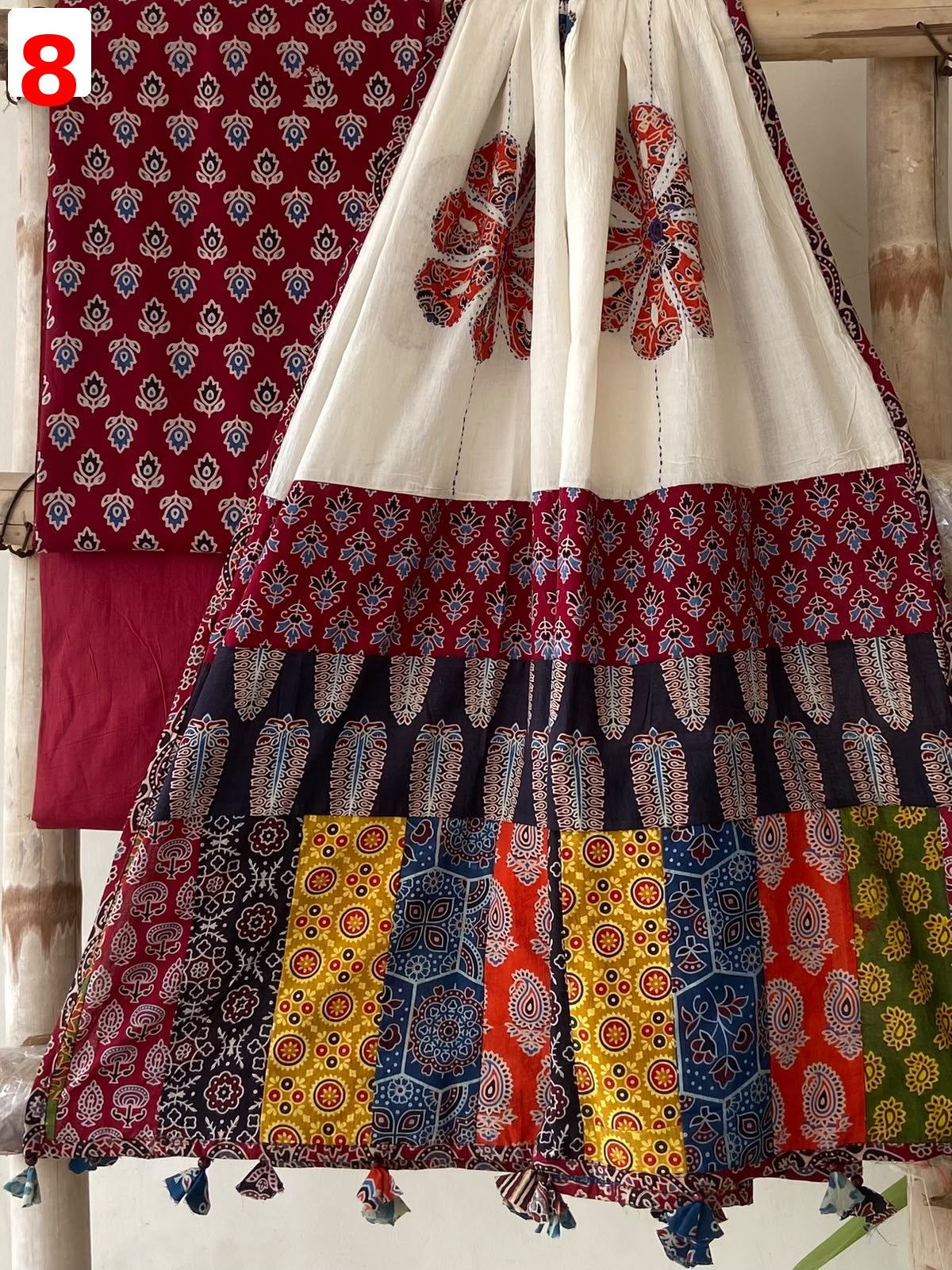 Exclusive Patchwork Ajrakh Cotton Suit Set with Hand Appliqué Mirror Work Dupatta