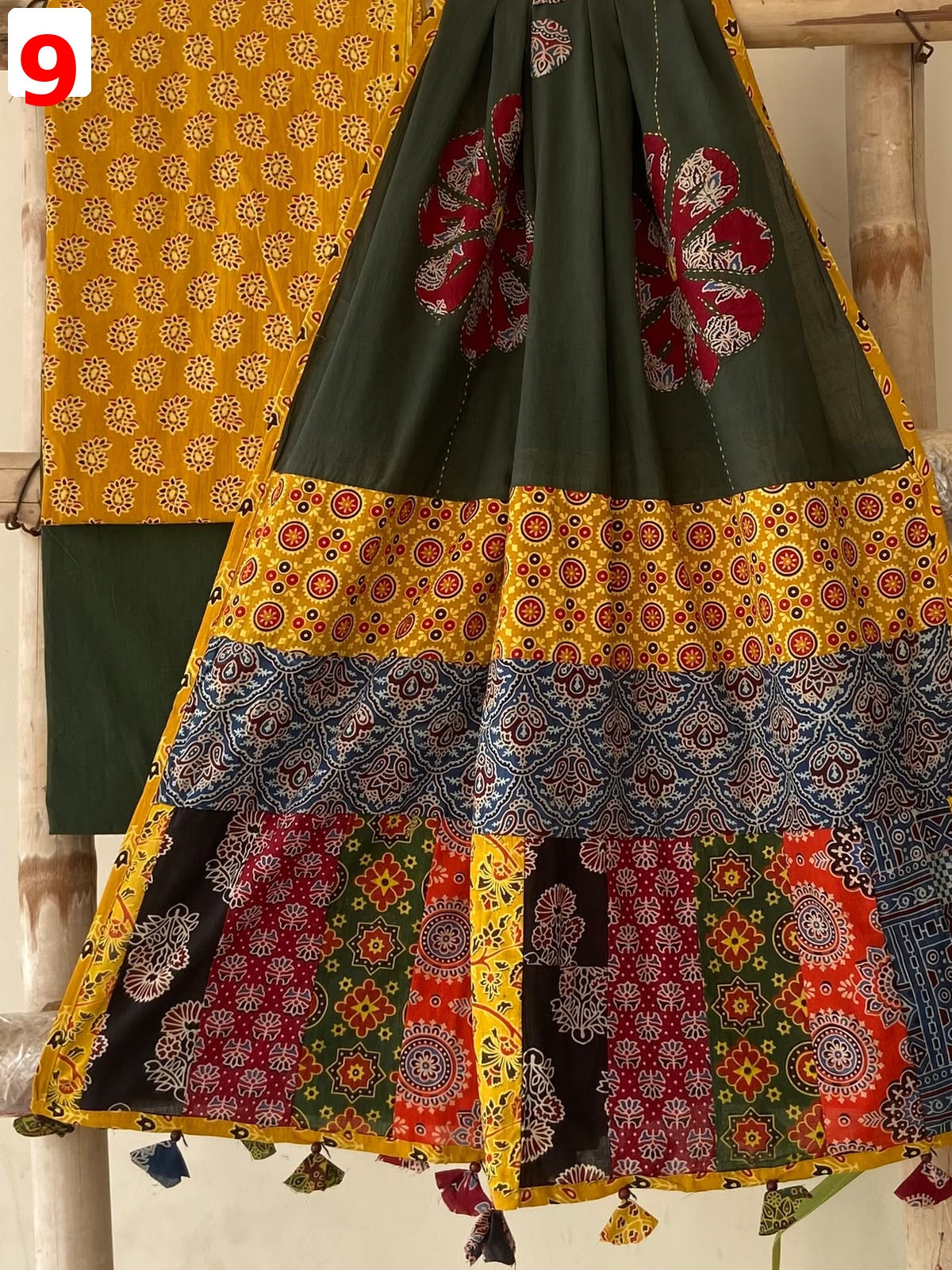 Exclusive Patchwork Ajrakh Cotton Suit Set with Hand Appliqué Mirror Work Dupatta