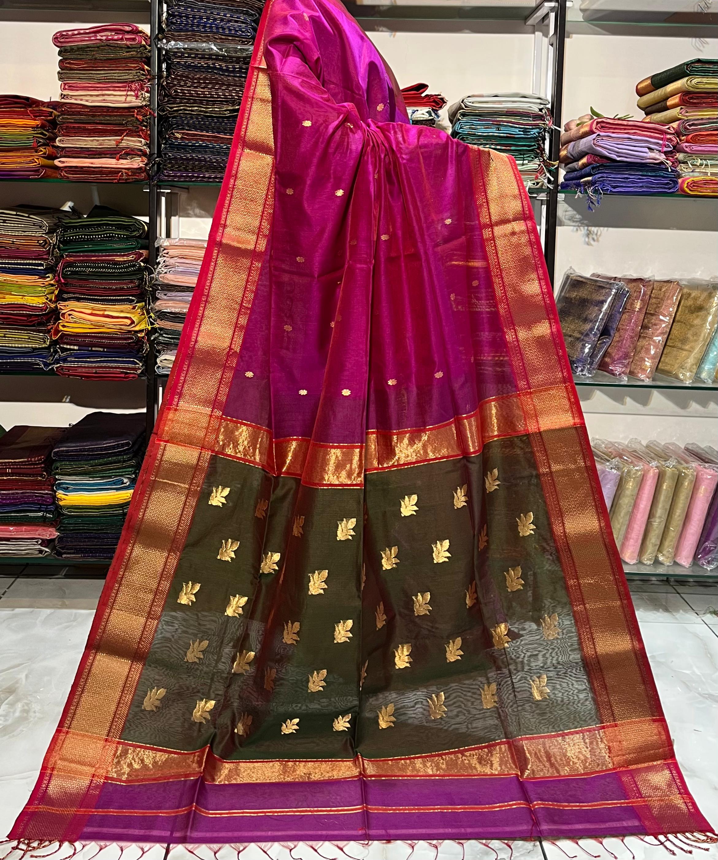 Traditional Pure Maheshwari Handwoven Zari with Lotus Butti Saree.