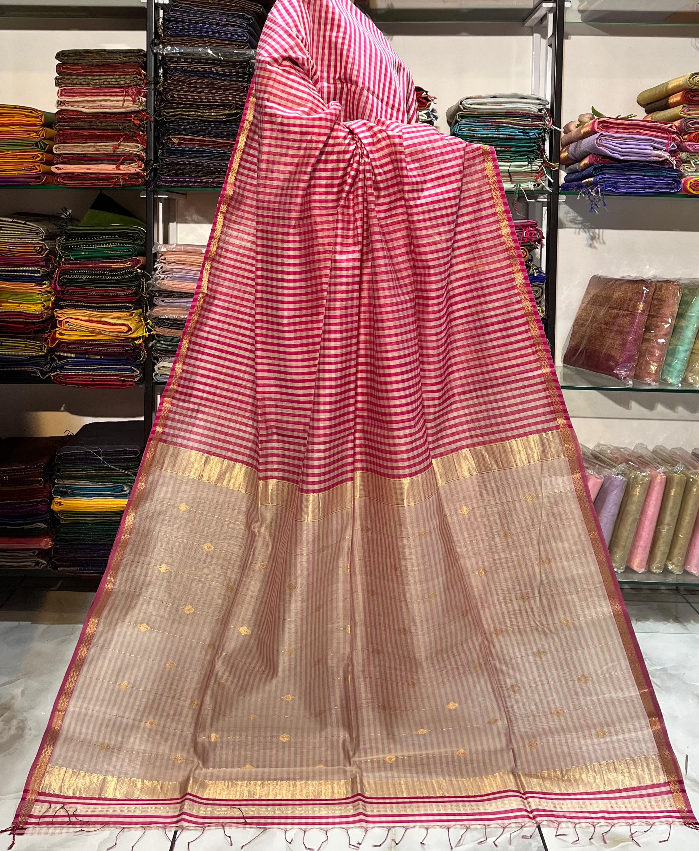 Traditional Cotton Silk Maheshwari Handwoven Chex Buti Line Pallu Saree.