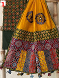 Exclusive Patchwork Ajrakh Cotton Suit Set with Hand Appliqué Mirror Work Dupatta - Silk Stories