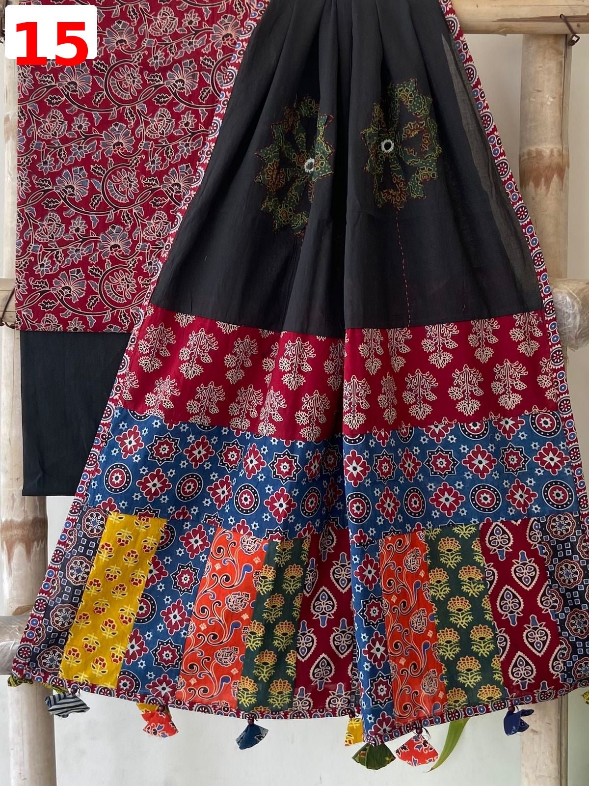 Exclusive Patchwork Ajrakh Cotton Suit Set with Hand Appliqué Mirror Work Dupatta - Silk Stories