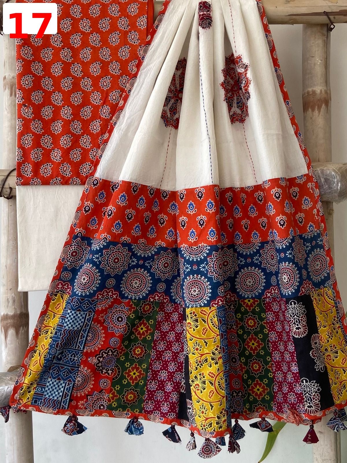 Exclusive Patchwork Ajrakh Cotton Suit Set with Hand Appliqué Mirror Work Dupatta - Silk Stories