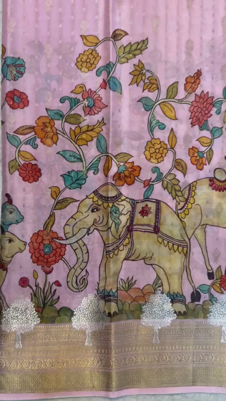 Pure Mysore Silk SareePure Mysore Silk Saree | Kalamkari Brocade, Silver Tree Border | Silk Mark Certified, Festive Wear