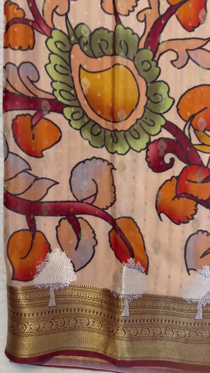 Pure Mysore Silk SareePure Mysore Silk Saree | Kalamkari Brocade, Silver Tree Border | Silk Mark Certified, Festive Wear