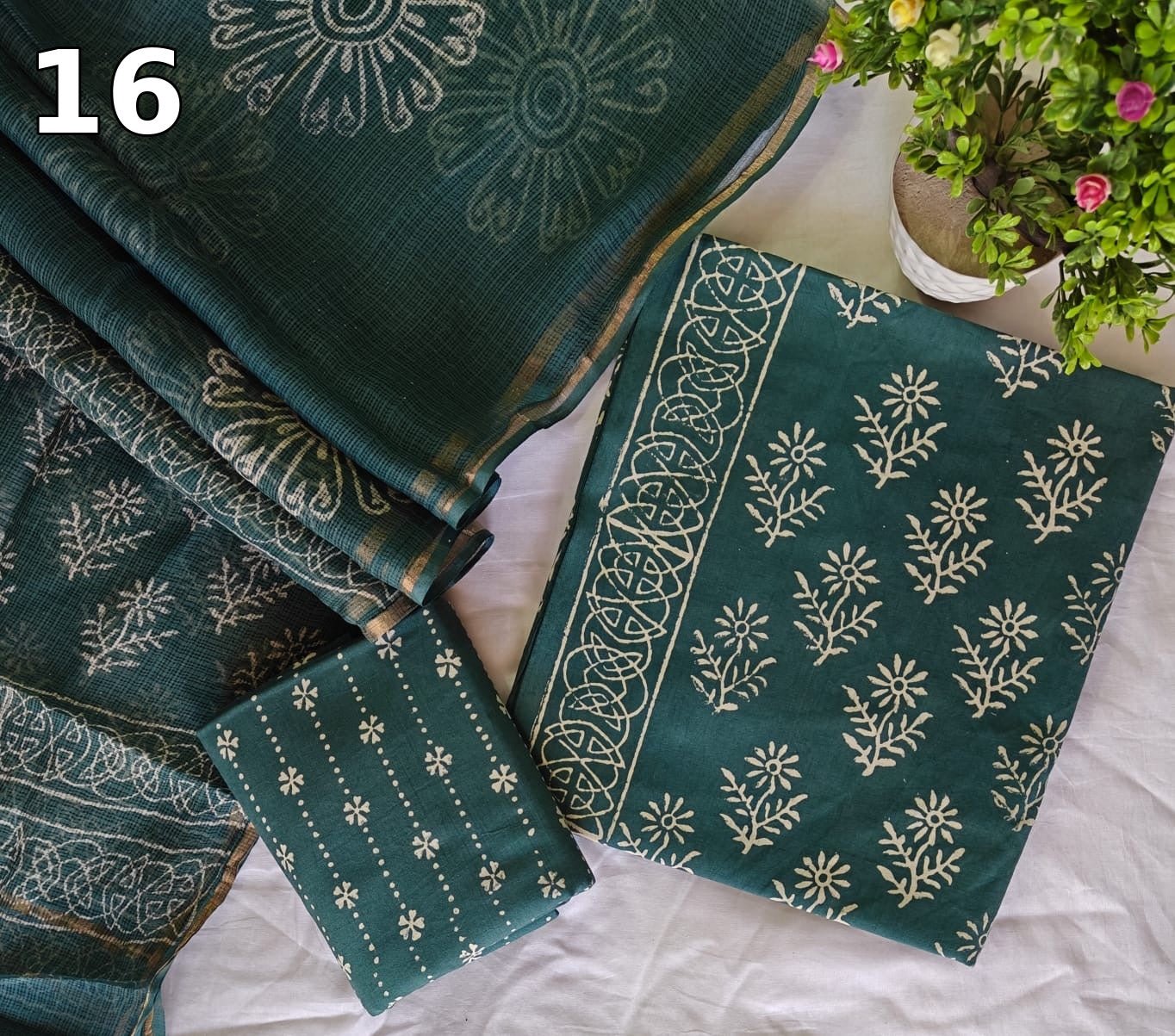 Pure Cotton Hand Block Printed Suit Set with Kota Doria Dupatta - Silk Stories