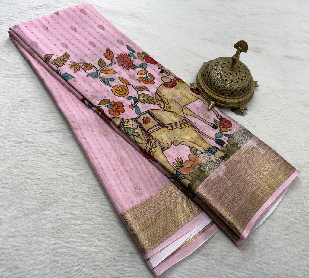 Pure Mysore Silk SareePure Mysore Silk Saree | Kalamkari Brocade, Silver Tree Border | Silk Mark Certified, Festive Wear - Silk Stories