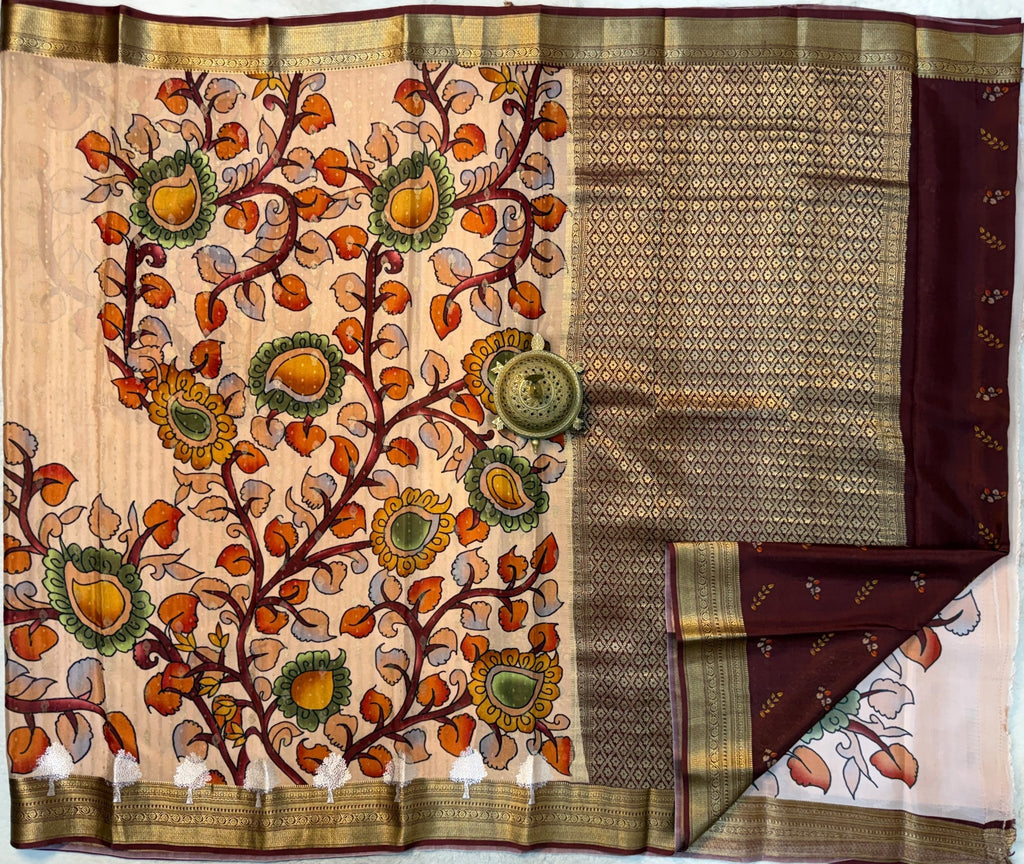 Pure Mysore Silk SareePure Mysore Silk Saree | Kalamkari Brocade, Silver Tree Border | Silk Mark Certified, Festive Wear - Silk Stories