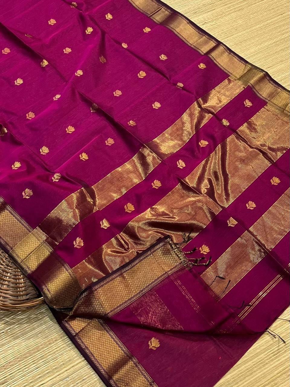 Traditional Cotton Silk Maheshwari Handwoven all Over Lotus Butti Saree. - Silk Stories