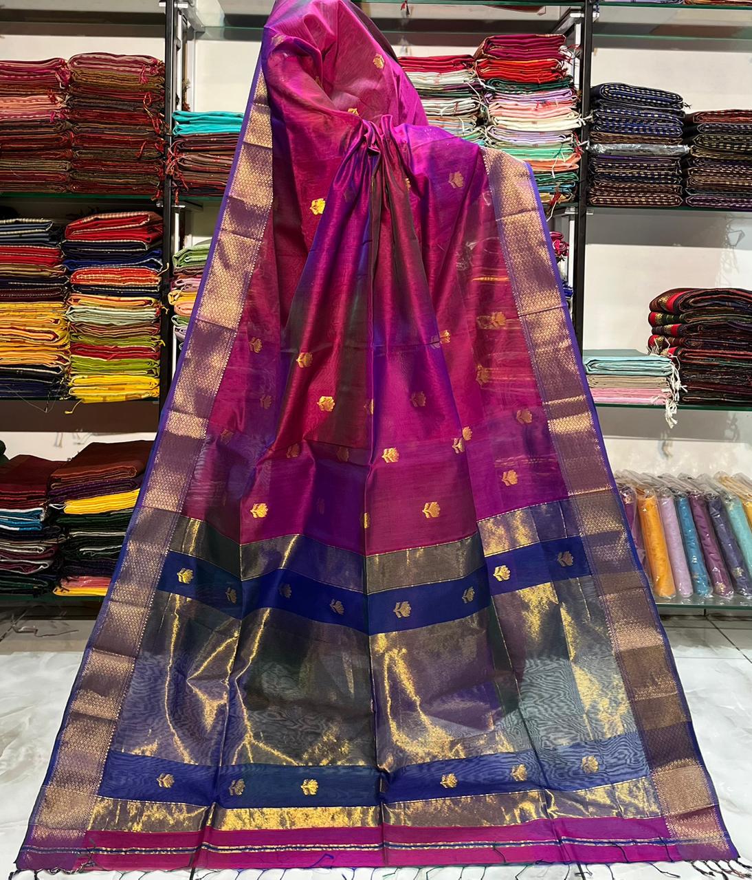 Traditional Cotton Silk Maheshwari Handwoven all Over Lotus Butti Saree. - Silk Stories