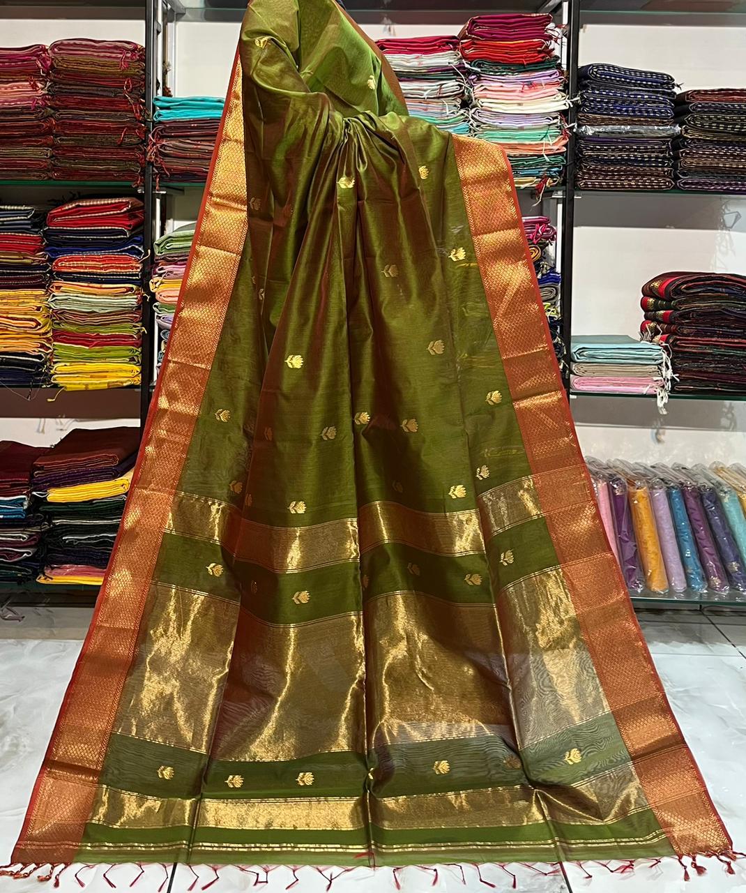Traditional Cotton Silk Maheshwari Handwoven all Over Lotus Butti Saree. - Silk Stories