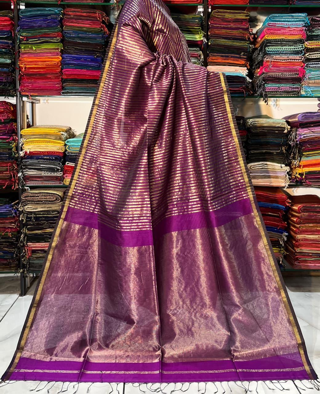 Traditional Cotton Silk Maheshwari Handwoven Zari Stripe Tissue Pallu Saree. - Silk Stories