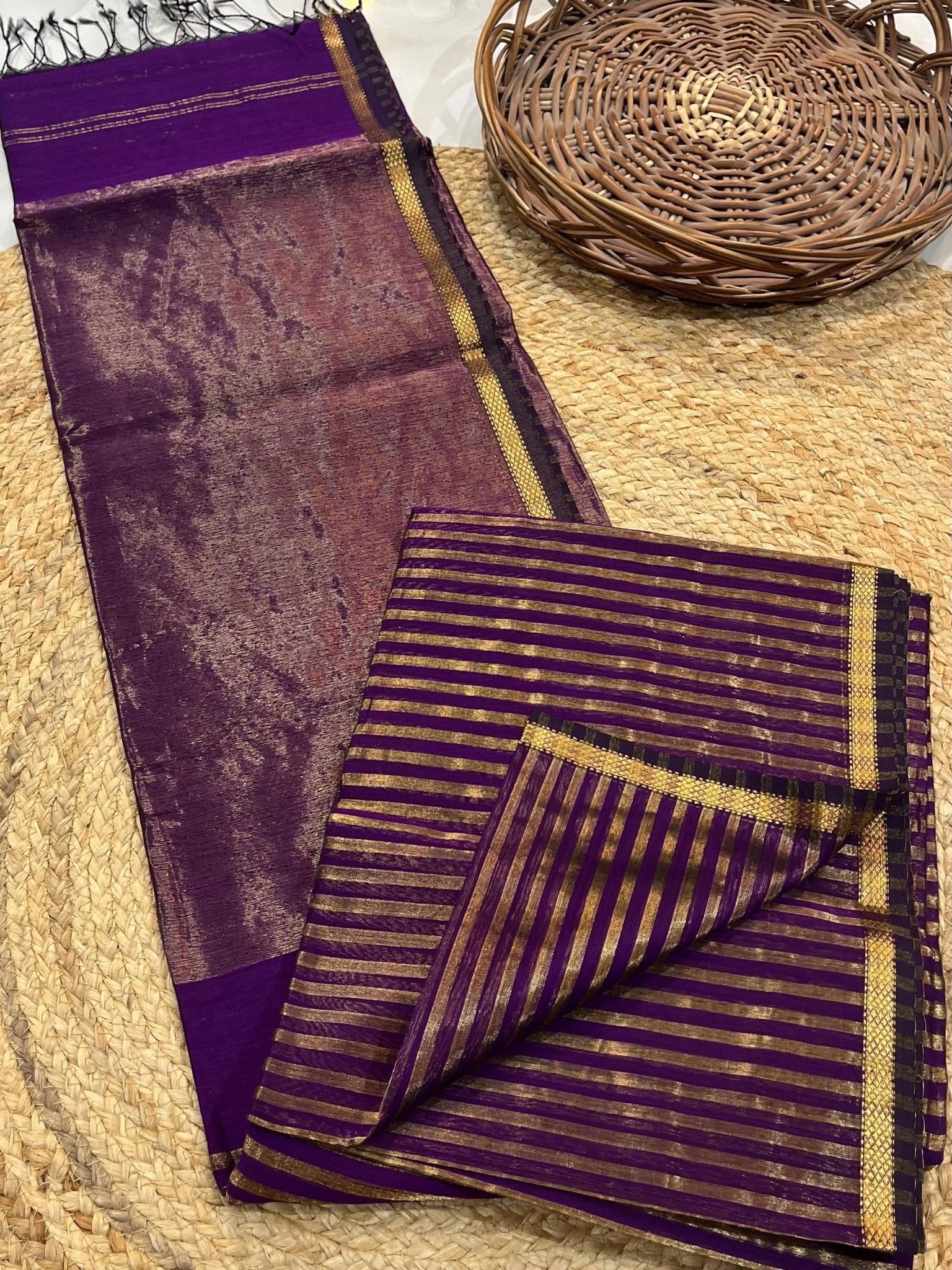 Traditional Cotton Silk Maheshwari Handwoven Zari Stripe Tissue Pallu Saree. - Silk Stories