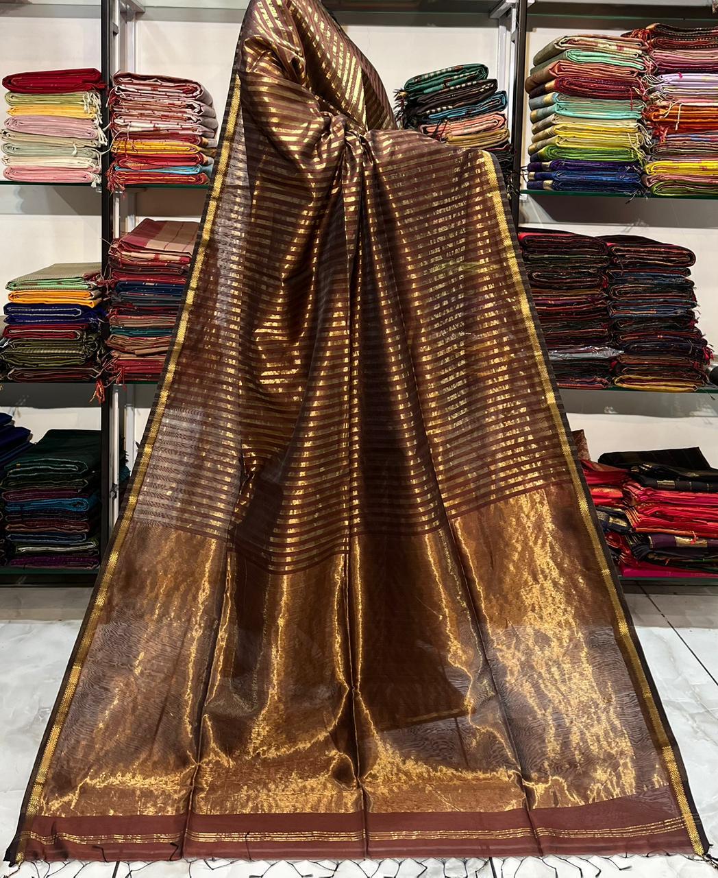 Traditional Cotton Silk Maheshwari Handwoven Zari Stripe Tissue Pallu Saree. - Silk Stories